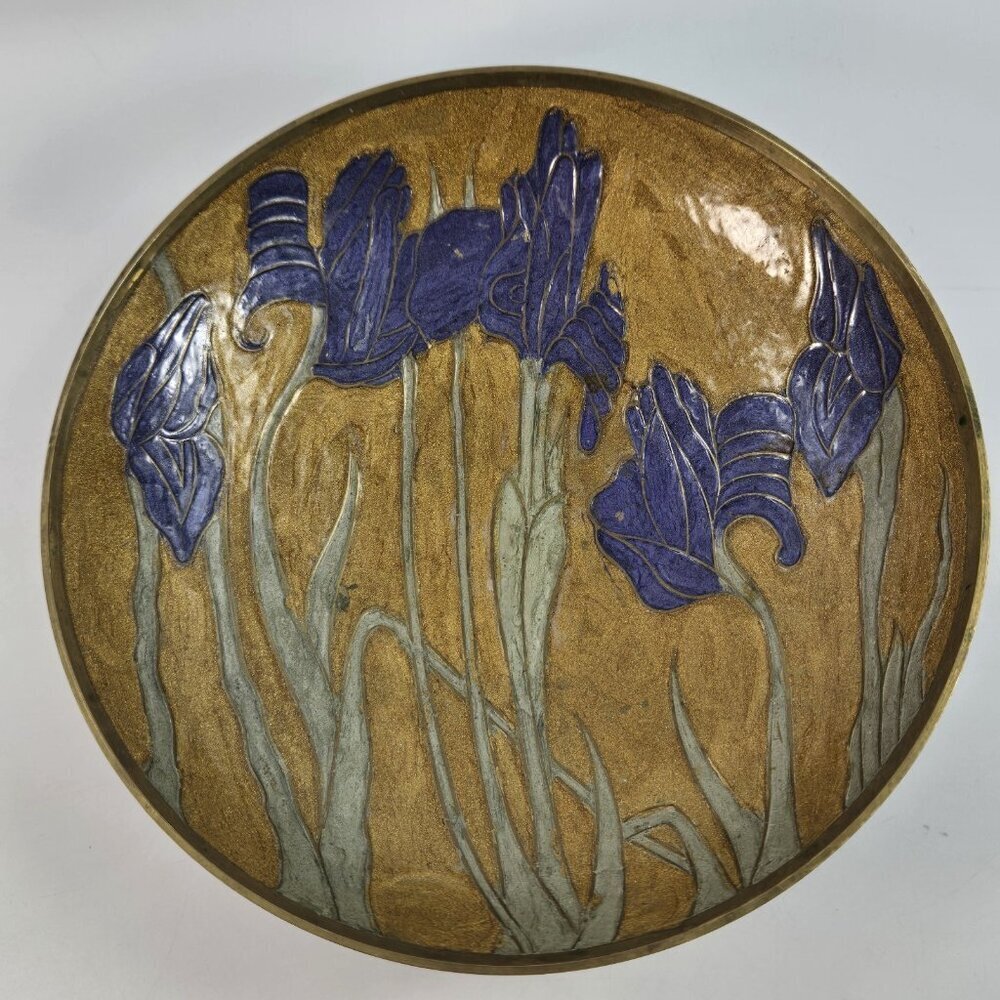 Vintage Enameled Brass Shallow Dish Bowl Iris Flowers - Picture 9 of 11